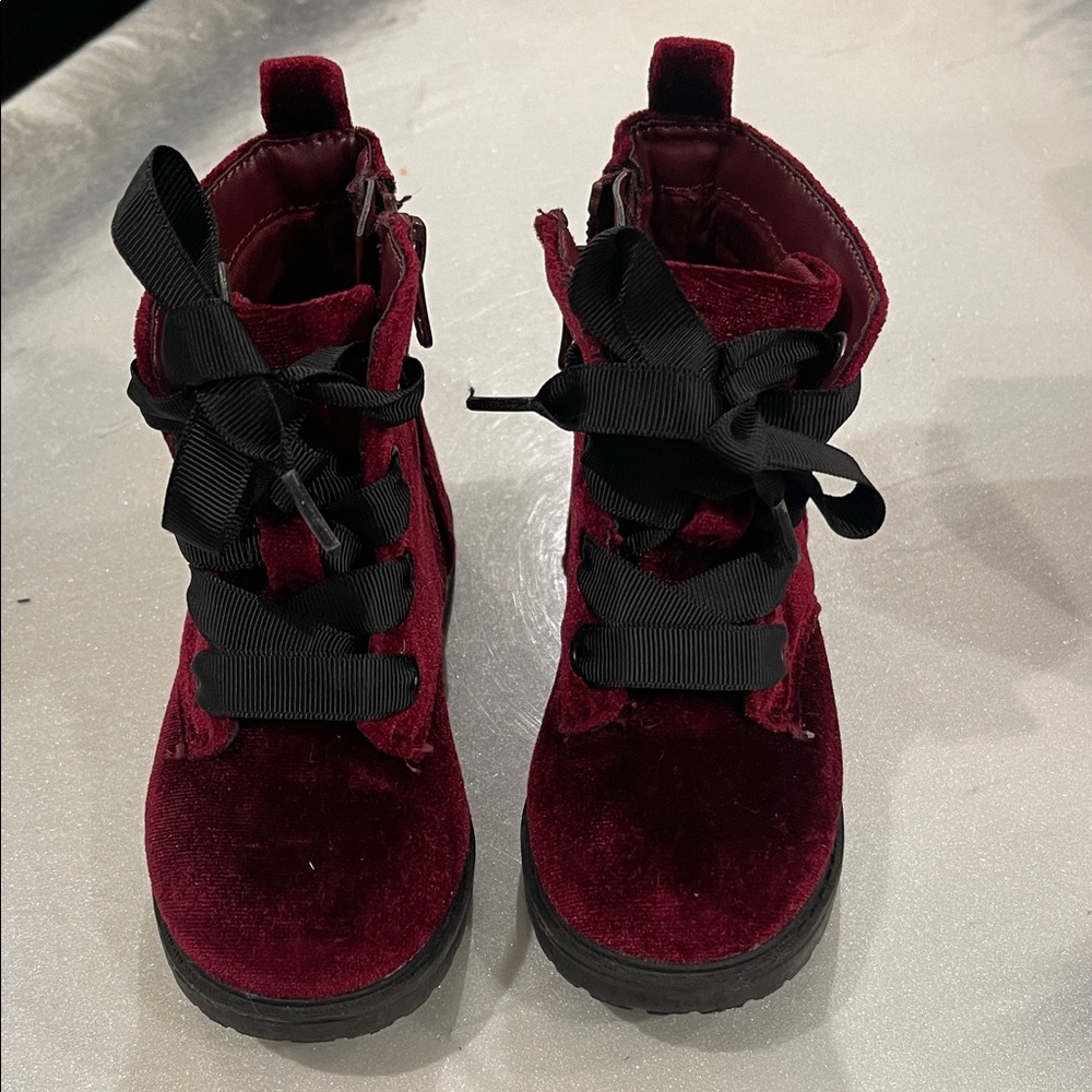 Cat & Jack Velvet Burgundy Kids Boots with Black Laces